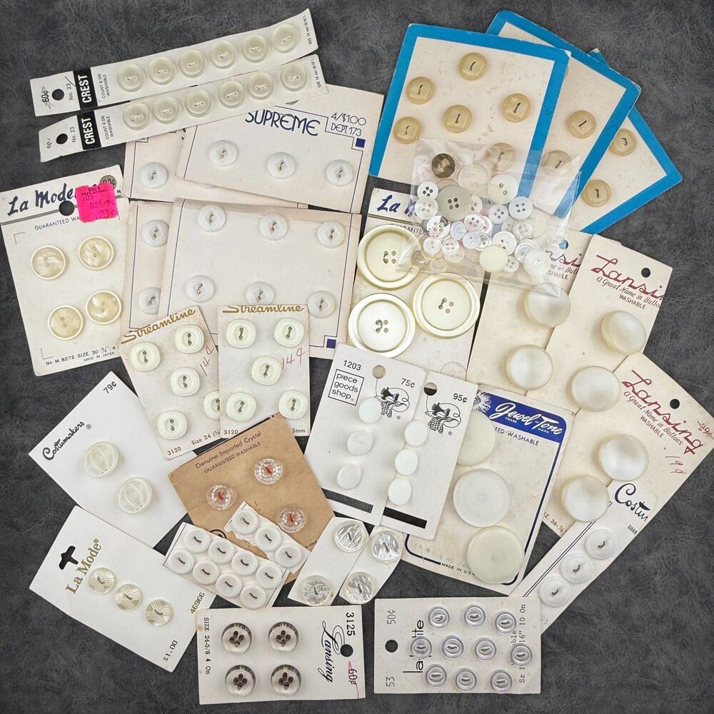 Lot of Mixed Vintage Buttons w Cards White Clear Lucite Pearl Lansing Loose